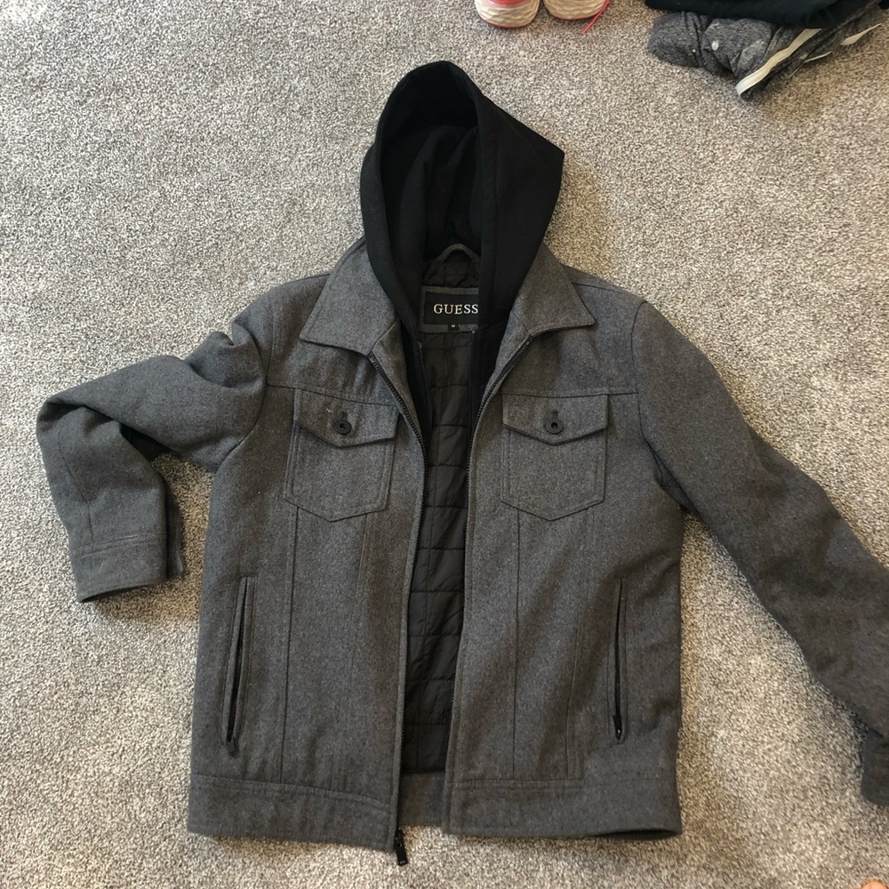 Guess Wool Gray Hooded Bomber Jacket